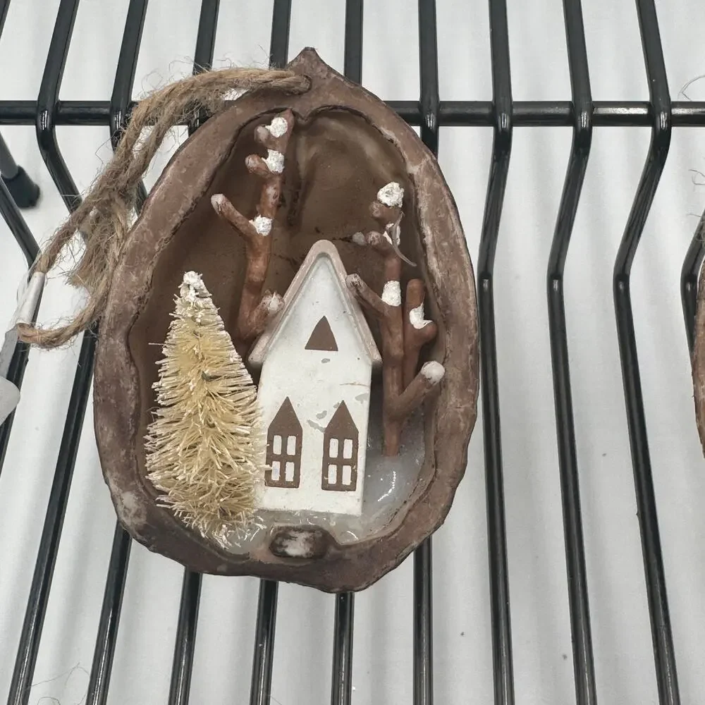 Wondershop Mini Nut Shell Winter Village Ornaments Set of 4 Rustic‎ Decor NEW